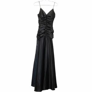 JUNO  BLACK SATIN CINCHED SLEEVELESS EVENING GOWN DRESS - XS